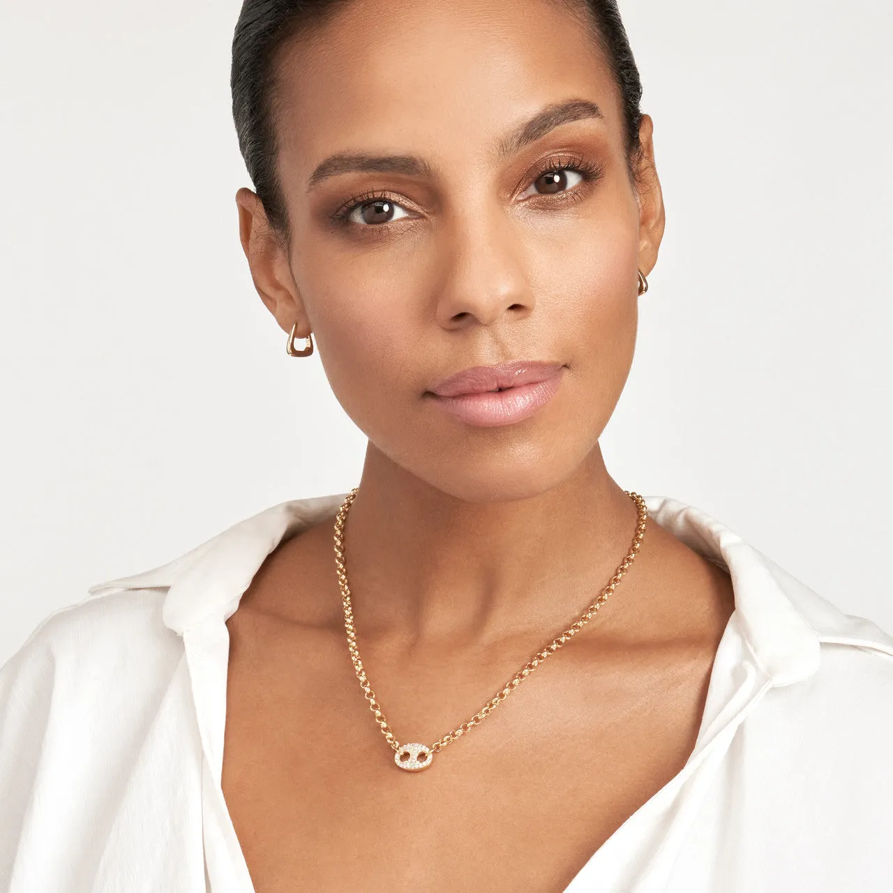 14k Yellow Gold Diamond Mariner Center Pendant Rolo Link Necklace