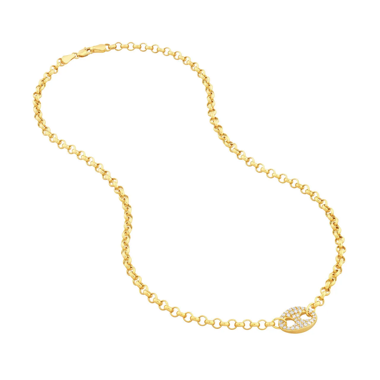 14k Yellow Gold Diamond Mariner Center Pendant Rolo Link Necklace