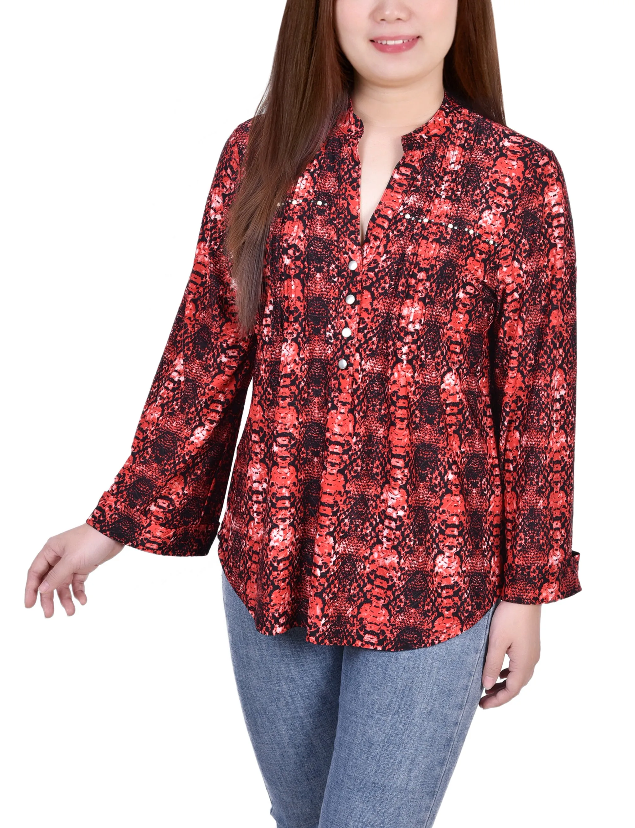 Petite Long Sleeve Jacquard Knit Y Neck Top