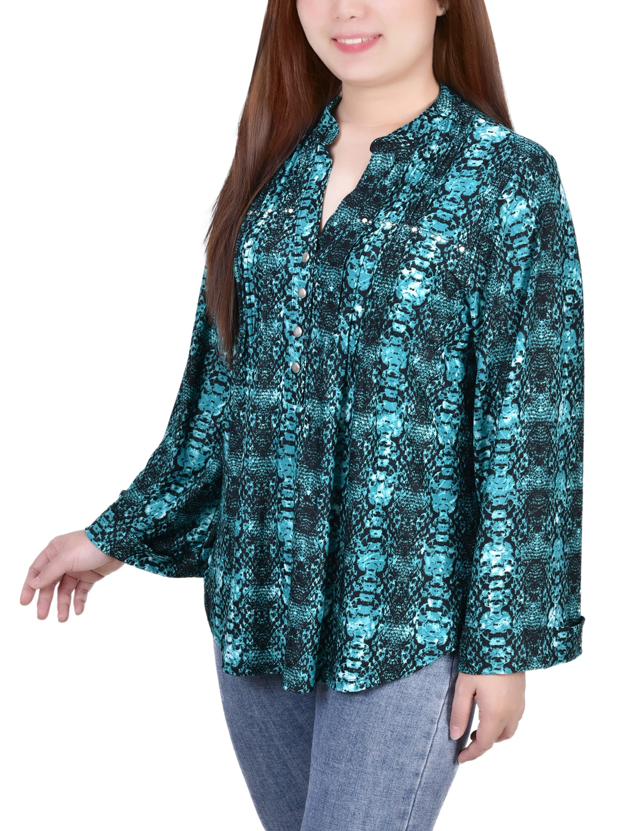 Petite Long Sleeve Jacquard Knit Y Neck Top