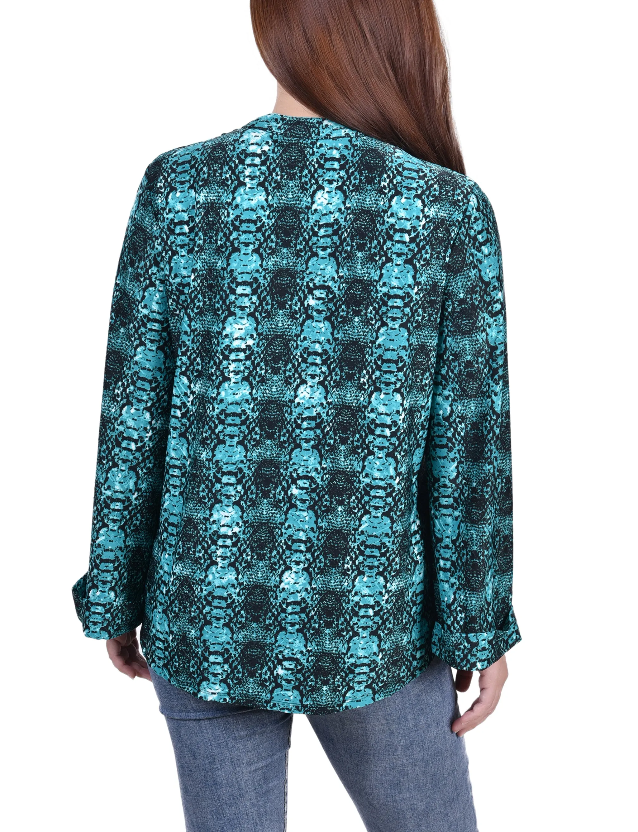 Petite Long Sleeve Jacquard Knit Y Neck Top