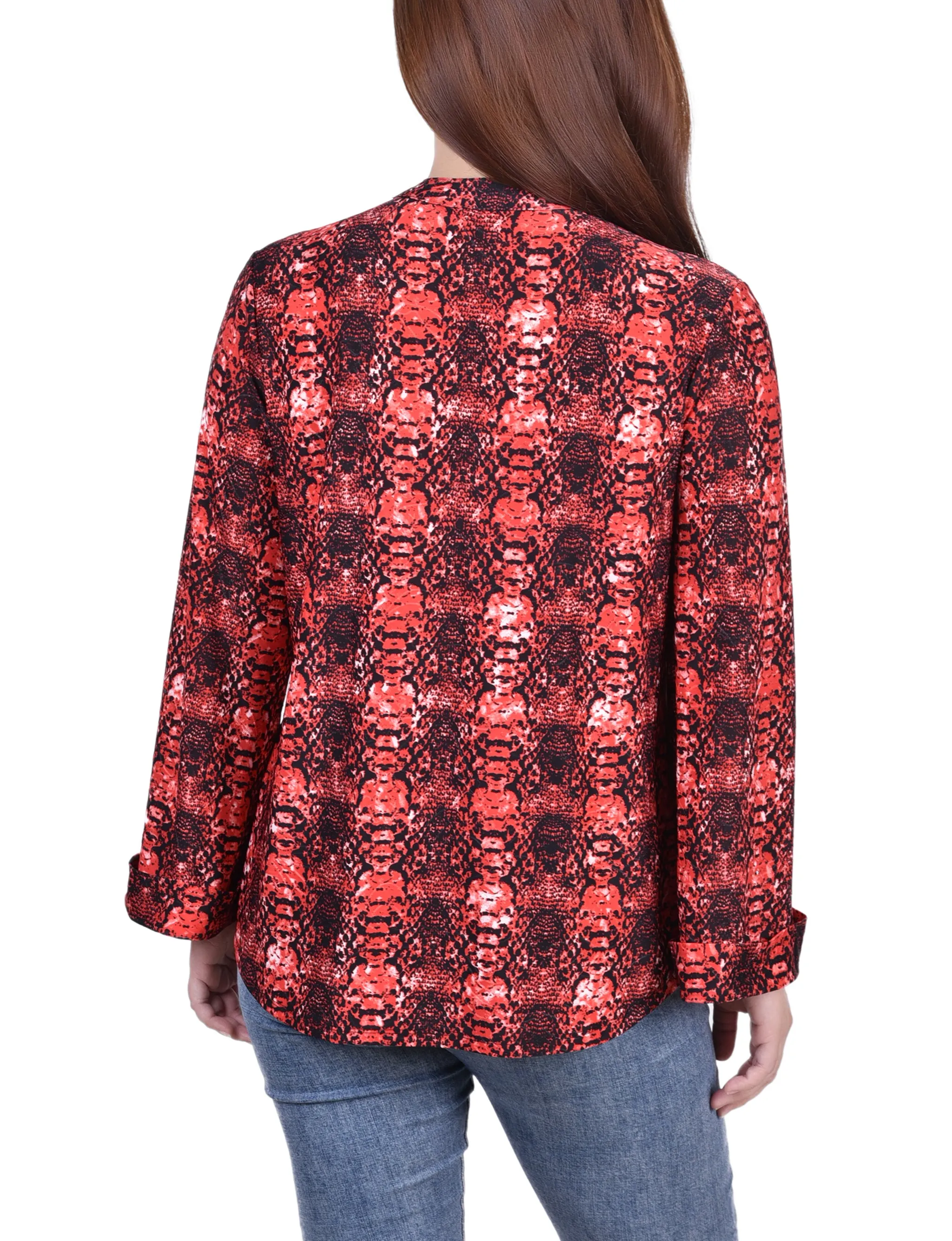 Petite Long Sleeve Jacquard Knit Y Neck Top