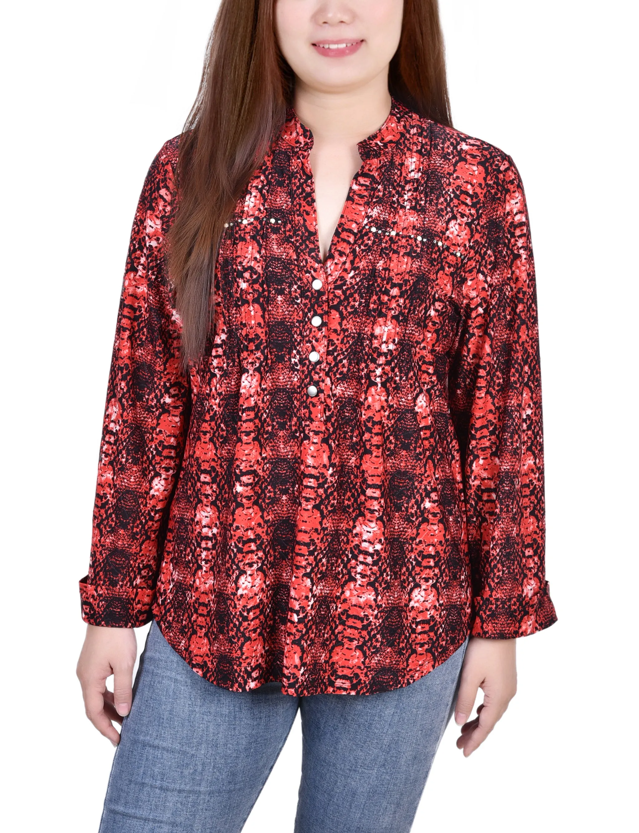 Petite Long Sleeve Jacquard Knit Y Neck Top