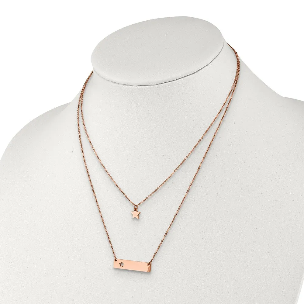 Stainless Steel Rose Ip-plated Star and Bar Multi-strand 1.5in ext Necklace
